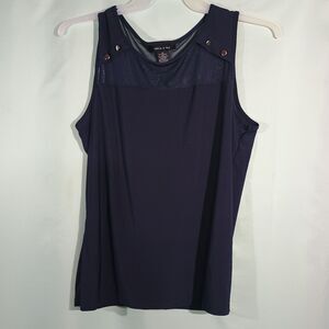 Women's Navy Sleeveless Blouse Mesh Yoke Button Shoulder Top